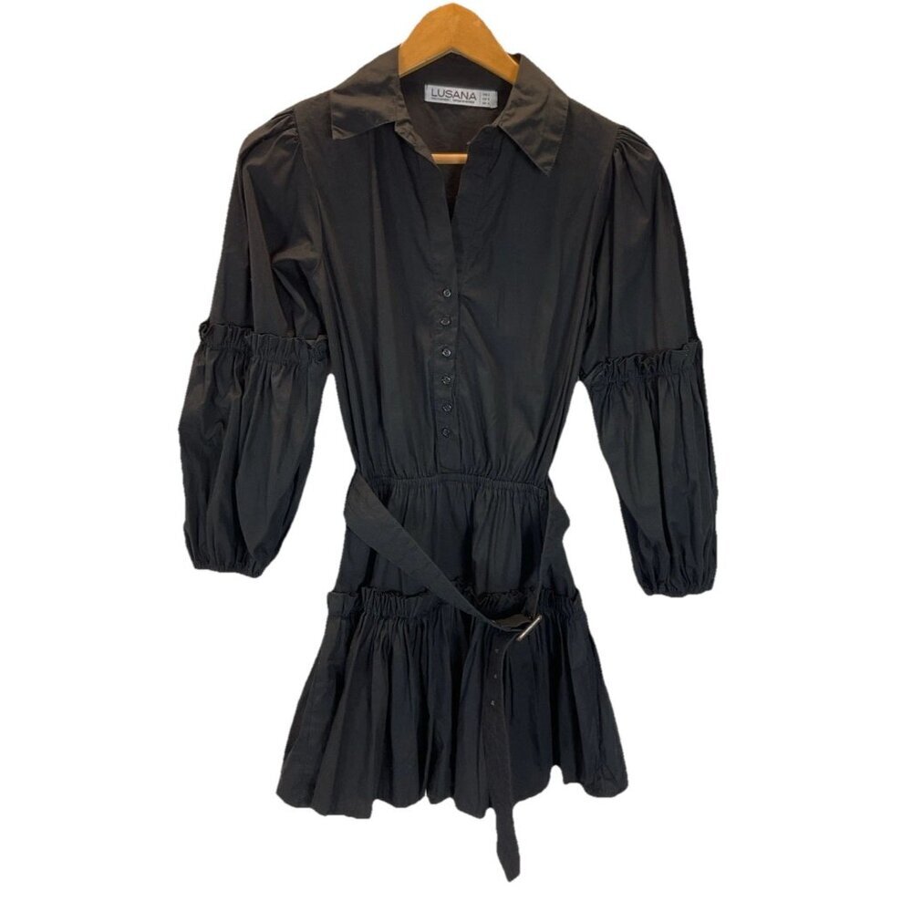 Lusana Black poplin‎ Tiered mini shirt dress long Puff sleeve size S City crisp